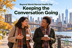 Two friends talking over coffee near the Brooklyn Bridge in autumn, with the words “Beyond World Mental Health Day: Keeping the Conversation Going.”