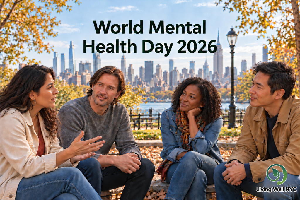 Four friends talking in an autumn park with the New York City skyline behind them and the text “World Mental Health Day 2026.”