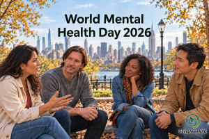 Four friends talking in an autumn park with the New York City skyline behind them and the text “World Mental Health Day 2026.”